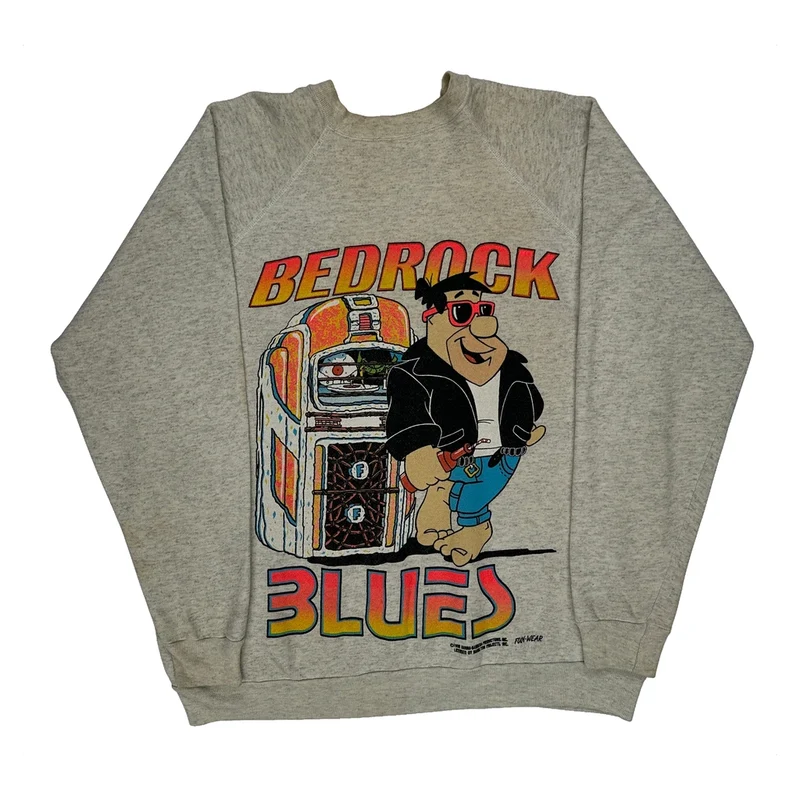 80S Raglan Fred Flintstone Juke Box Unbranded Bedrock Blues Graphic Sweatshirt - 2XL Grey Cotton