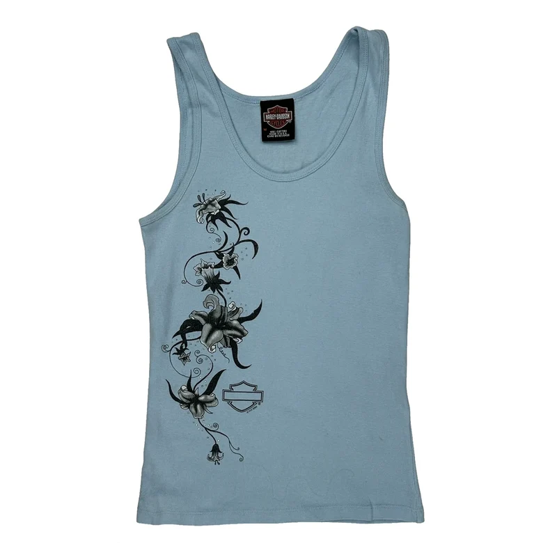Wiebler'S Quad-Cities Harley Davidson Floral Tank Top - Medium Blue Cotton