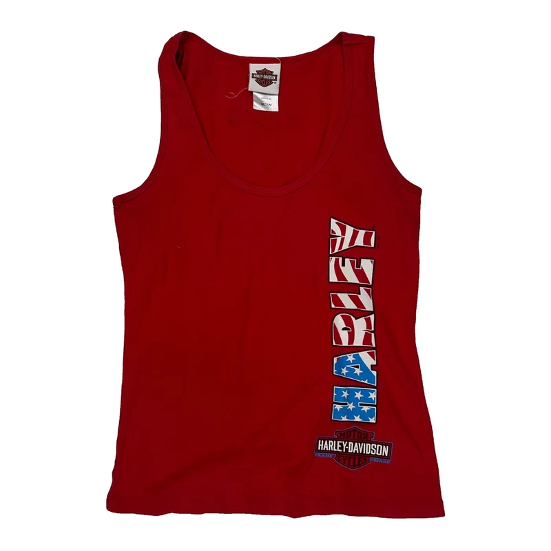 American Flag Print Harley Davidson Graphic Tank Top - Medium Red Cotton