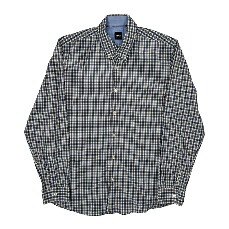 Boss Checked Shirt - Large Blue Cotton