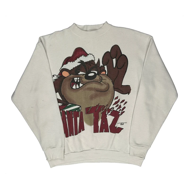 90S Made In USA Christmas Taz Looney Tunes Christmas Sweatshirt - Large White Cotton