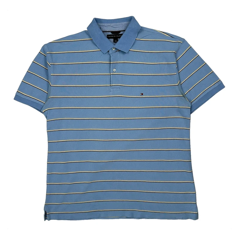Tommy Hilfiger Striped Polo Shirt - Large Blue Cotton