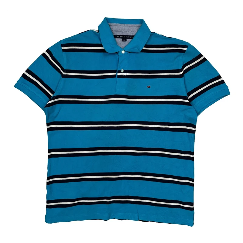 Tommy Hilfiger Striped Polo Shirt - Large Blue Cotton