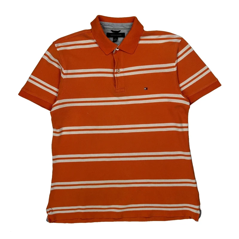 Tommy Hilfiger Striped Polo Shirt - Medium Orange Cotton
