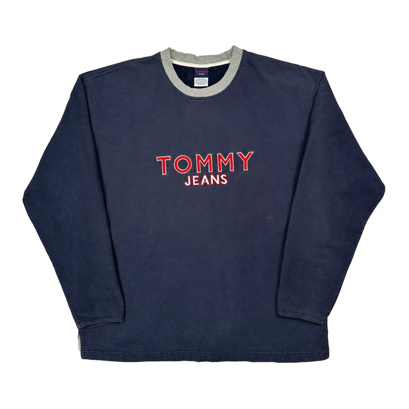 90s Tommy Jeans Spellout Sweatshirt - Large Navy Cotton Blend