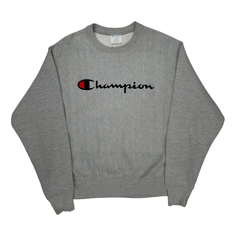 Reverse Weave Champion Spellout Sweatshirt - Large Gray Cotton Blend