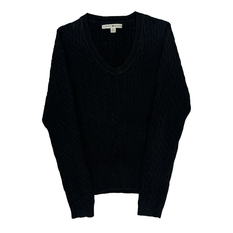 Tommy Hilfiger Cable Knit Sweater - Large Black Cotton