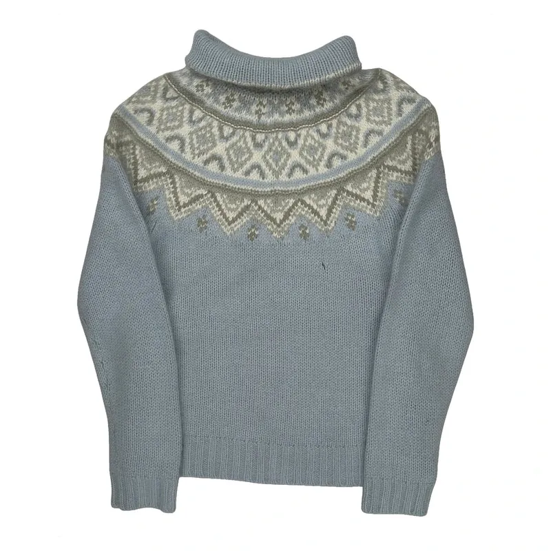 Rabbit Hair Blend Ralph Lauren Fair Isle Mock Neck Sweater - Medium Blue Angora