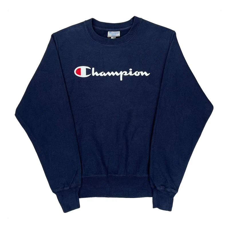 Reverse Weave Champion Spellout Sweatshirt - Small Navy Cotton