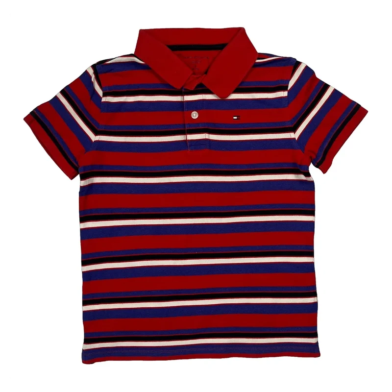 Age 8-10 Tommy Hilfiger Striped Polo Shirt - Medium Red Cotton