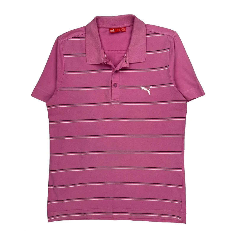 Puma Striped Polo Shirt - Medium Pink Cotton