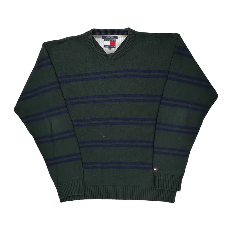 Tommy Hilfiger Striped Sweater - XL Green Cotton
