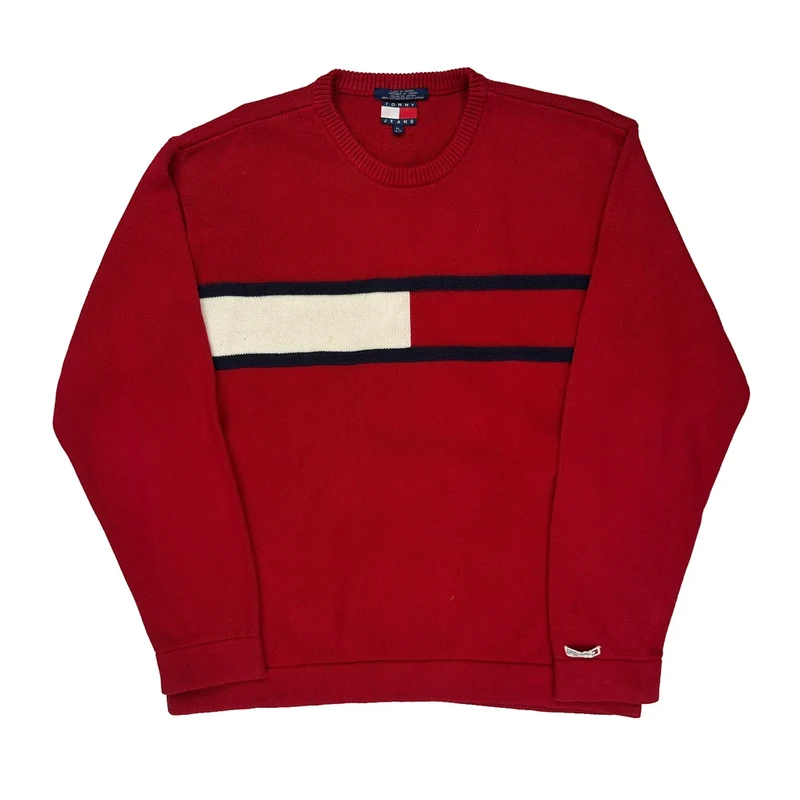 Tommy Jeans Striped Sweater - XL Red Cotton