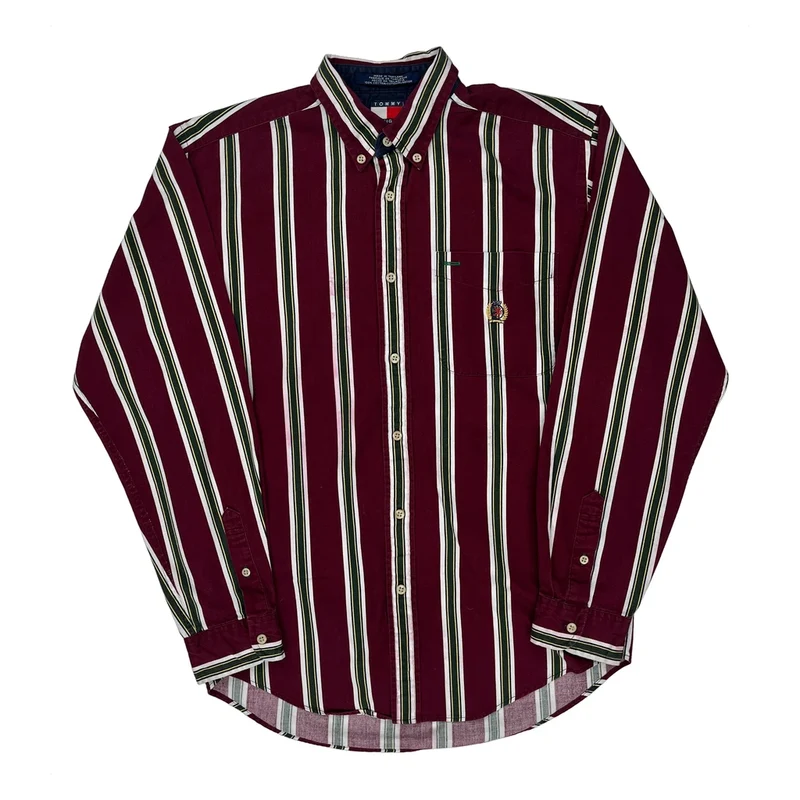 Tommy Hilfiger Striped Shirt - Large Burgundy Cotton