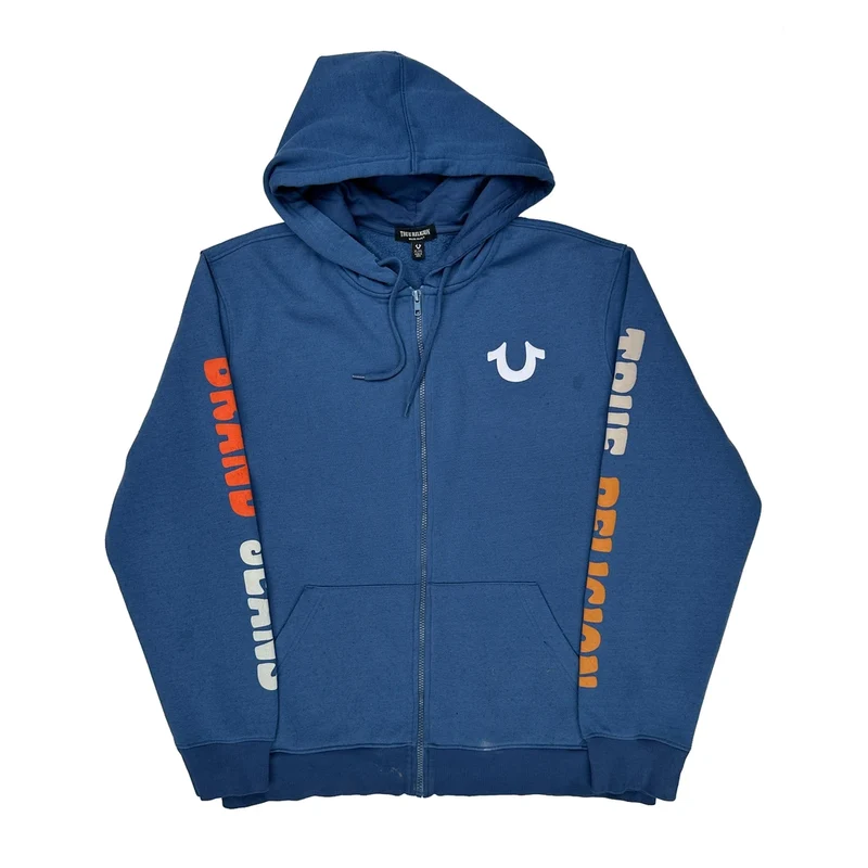 Brand Logo On Chest True Religion Spellout Hoodie - XL Blue Cotton