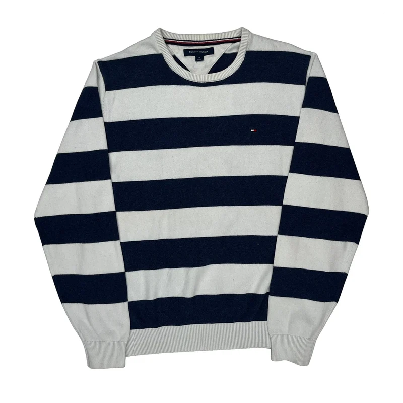 Tommy Hilfiger Striped Sweater - Medium Navy Cotton