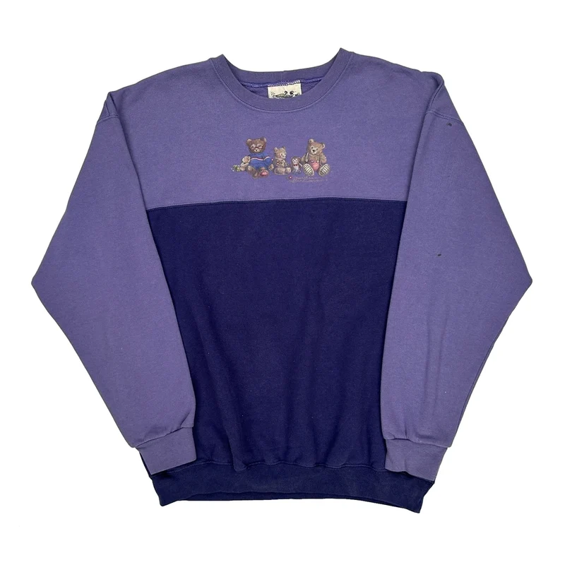Teddy Bears Graphic Morning Sun Cartoon Sweatshirt - Large Purple Cotton Blend