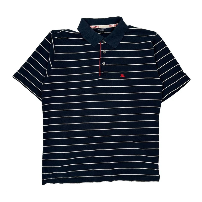 Burberry London Striped Polo Shirt - Small Navy Cotton
