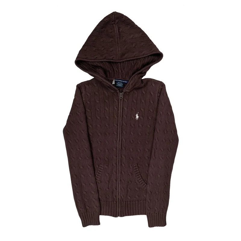 Ralph Lauren Sport Cable Knit Hoodie - Small Brown Cotton