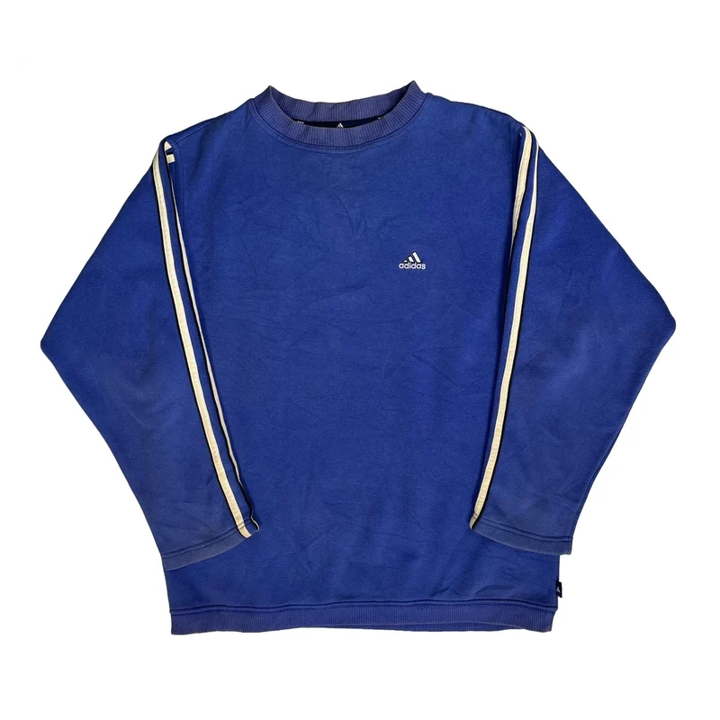 Adidas Striped Sweatshirt - Small Blue Cotton