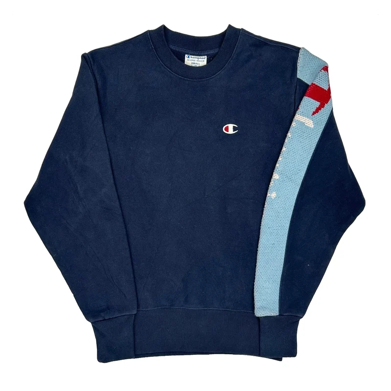 Reverse Weave Champion Graphic Sweatshirt - Small Navy Cotton