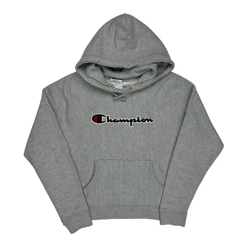 Reverse Weave Champion Spellout Hoodie - Large Grey Cotton Blend