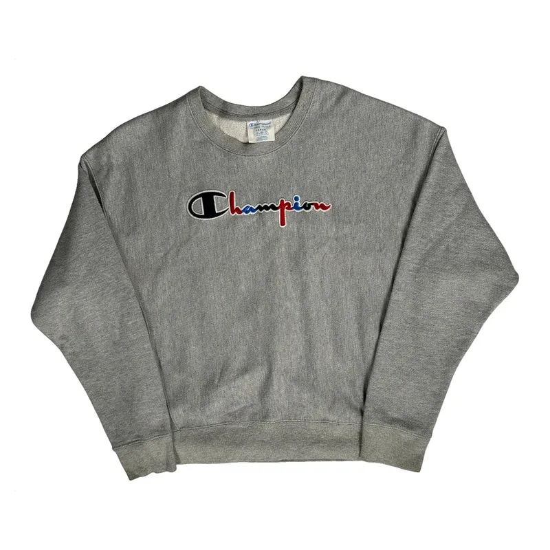 Reverse Weave Champion Spellout Sweatshirt - Large Grey Cotton