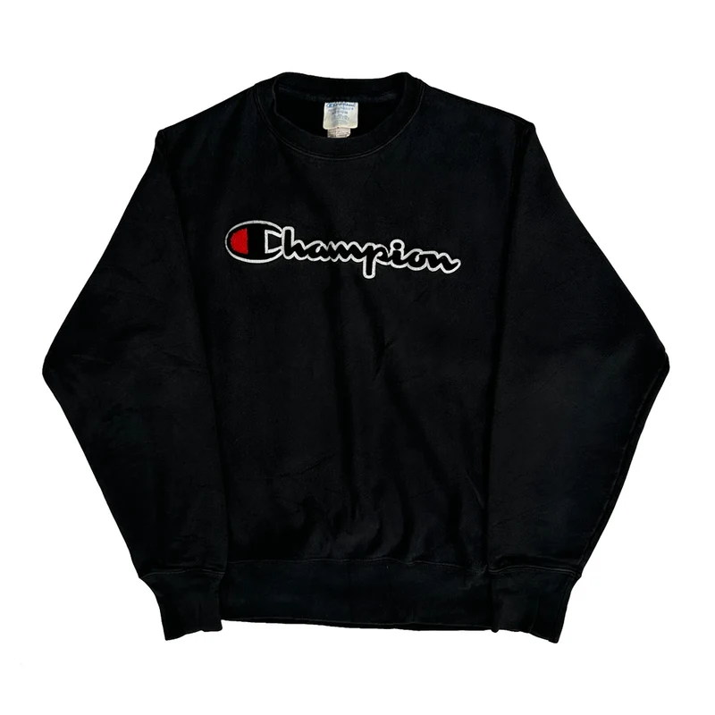 Reverse Weave Champion Spellout Sweatshirt - Medium Black Cotton Blend