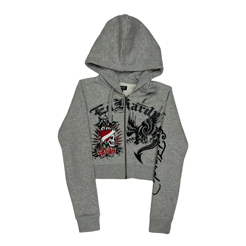 Tattoo Design Ed Hardy Graphic Hoodie - Medium Grey Cotton Blend