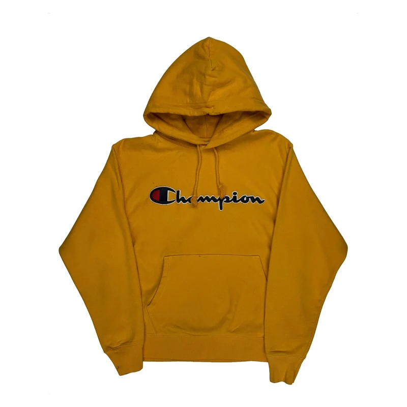 Reverse Weave Champion Spellout Hoodie - Medium Yellow Cotton Blend