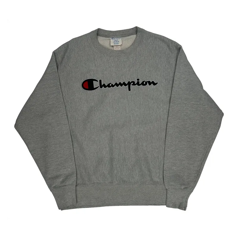 Reverse Weave Champion Spellout Sweatshirt - Large Grey Cotton Blend