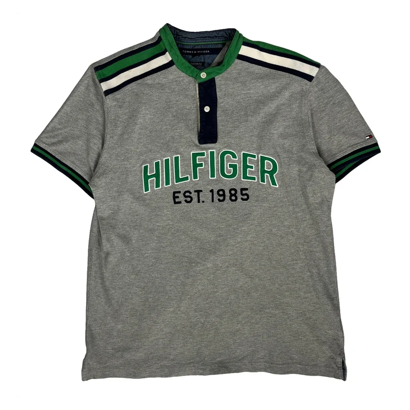 Tommy Hilfiger Spellout Polo Shirt - Large Grey Cotton