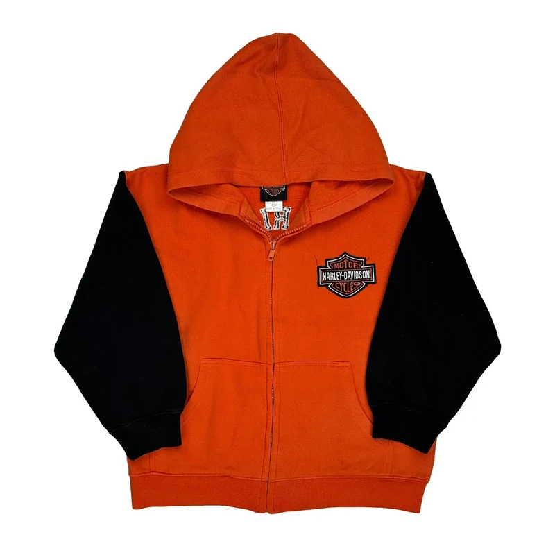 Age 8-10 Harley Davidson Graphic Hoodie - Small Orange Cotton