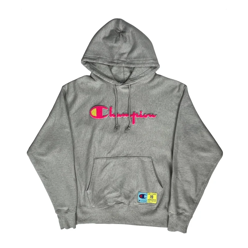 Reverse Weave Champion Spellout Hoodie - XL Grey Cotton Blend