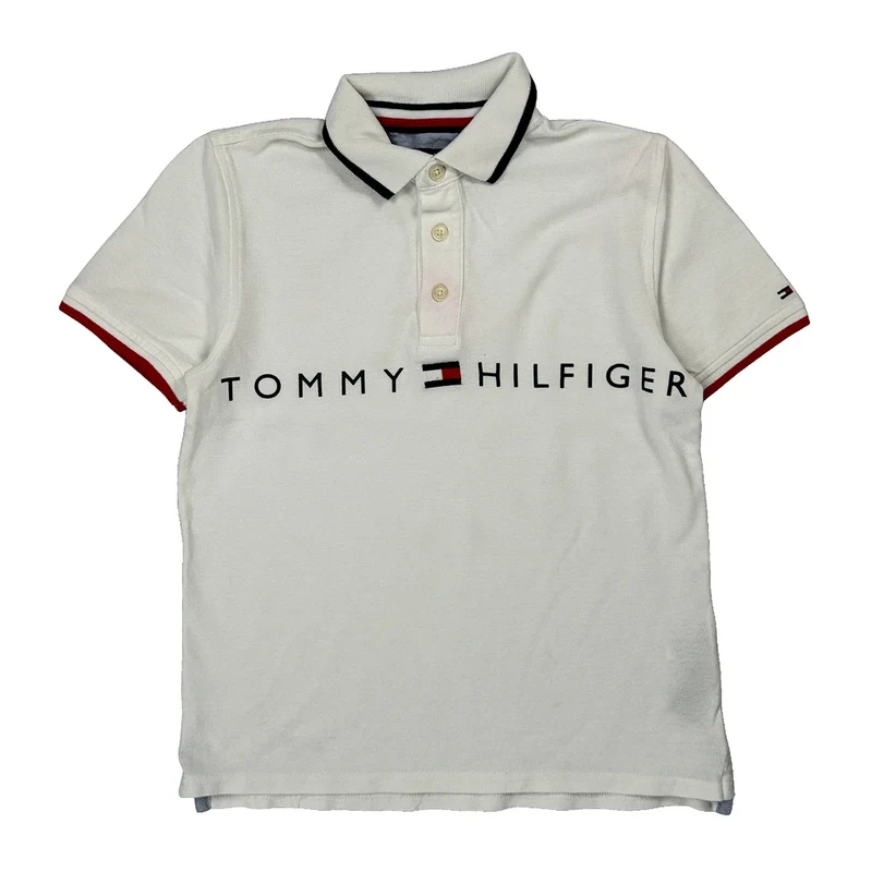 Age 8-10 Tommy Hilfiger Spellout Polo Shirt - Medium White Cotton