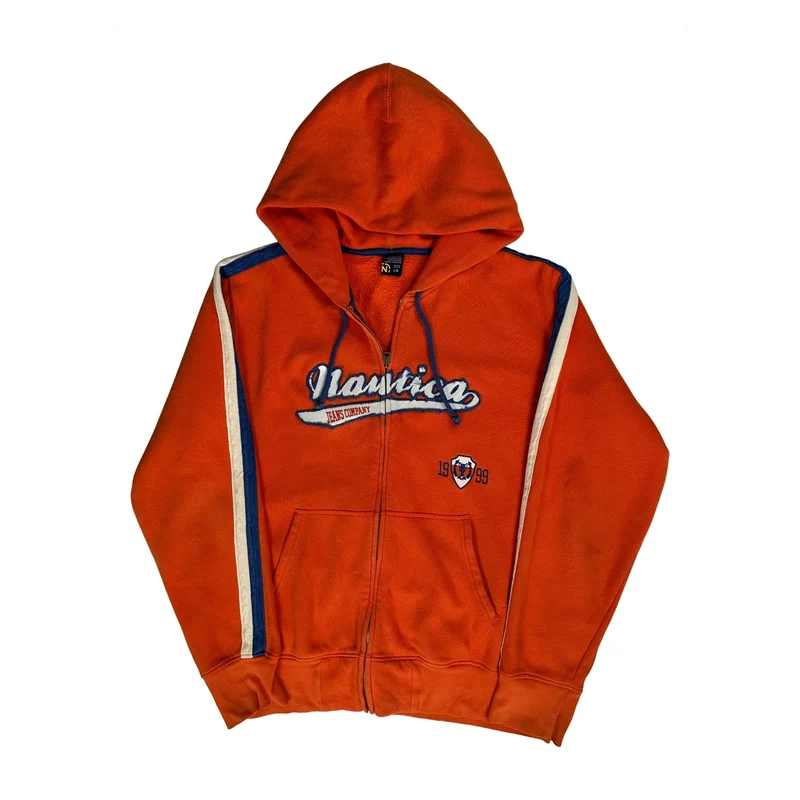 Nautica Full Zip Spellout Hoodie - Large Orange Cotton Blend
