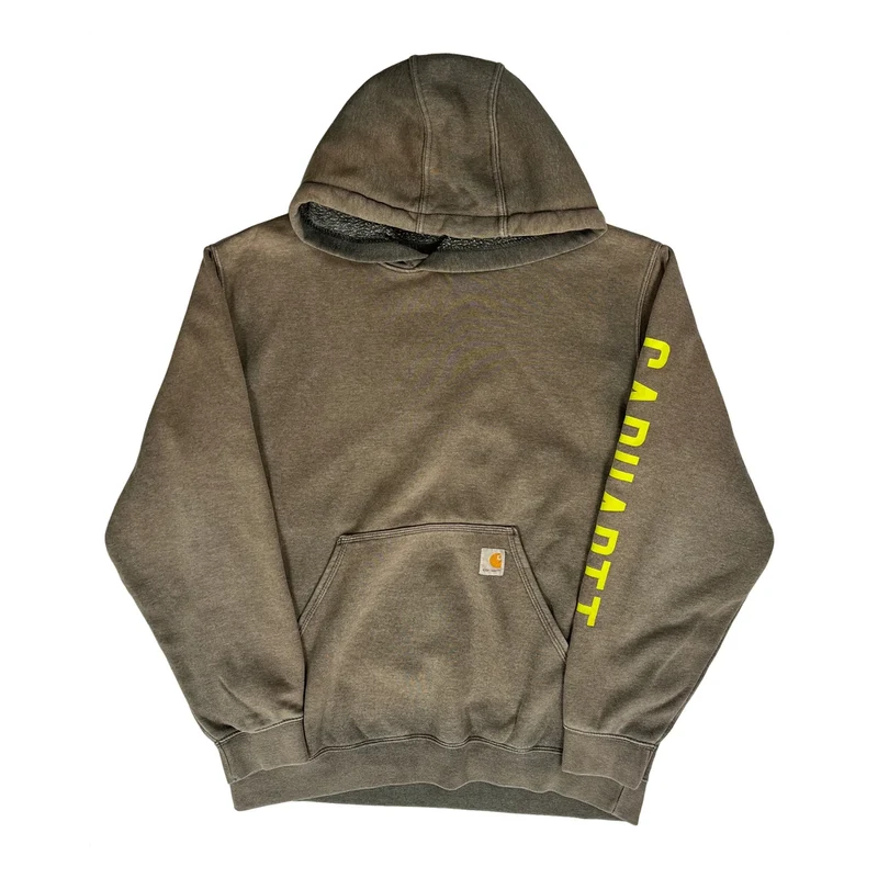 Loose Fit Carhartt Spellout Hoodie - Large Brown Cotton Blend