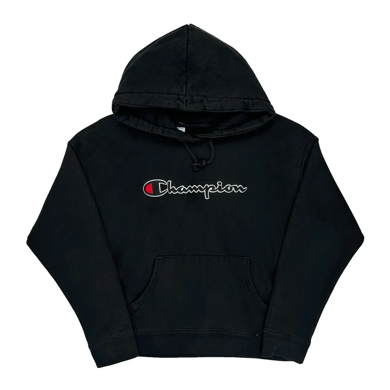 Reverse Weave Champion Spellout Hoodie - Large Black Cotton Blend