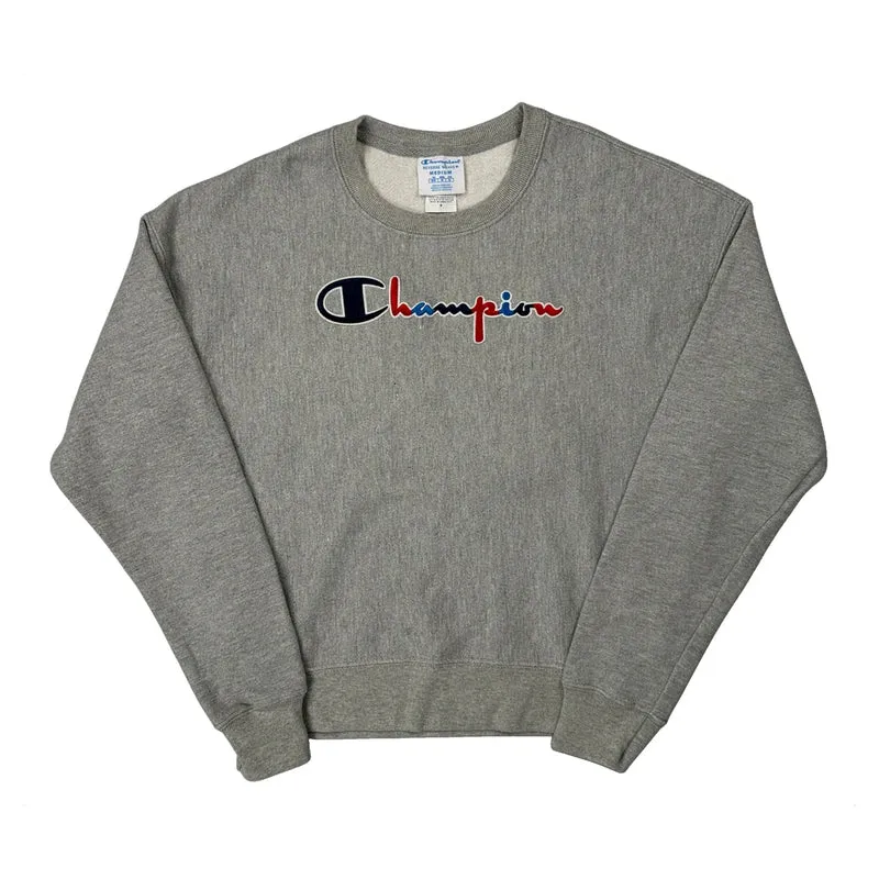 Reverse Weave Champion Spellout Sweatshirt - Medium Grey Cotton Blend