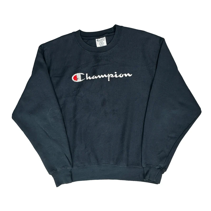 Reverse Weave Champion Spellout Sweatshirt - Large Navy Cotton
