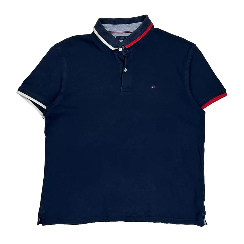 Tommy Hilfiger Striped Polo Shirt - Large Navy Cotton