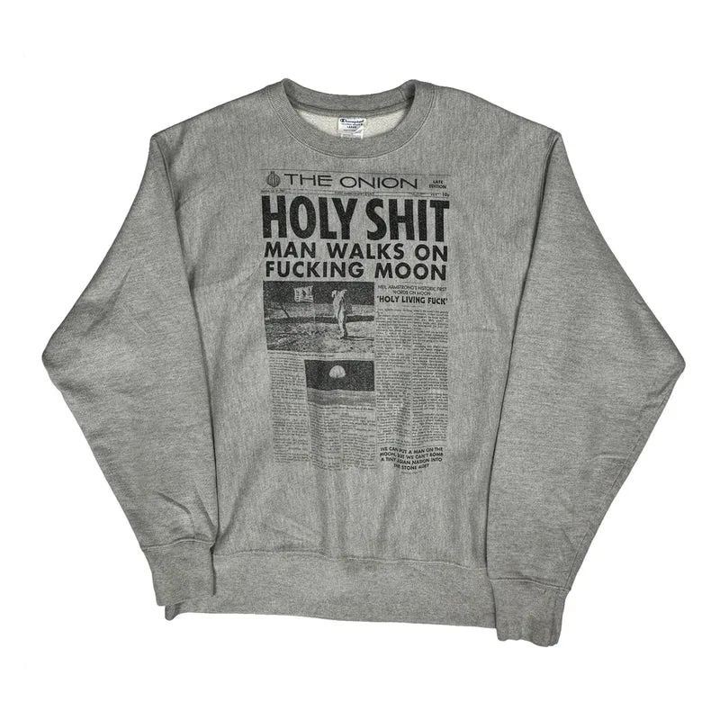 Reverse Weave Champion Holy Sh** Man Walks On Moon Sweatshirt - Large Grey Cotton Blend