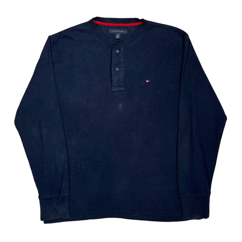 Tommy Hilfiger Henley Sweatshirt - Large Navy Cotton