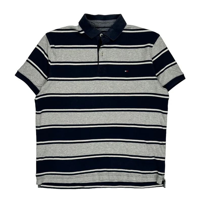 Tommy Hilfiger Striped Polo Shirt - Small Grey Cotton