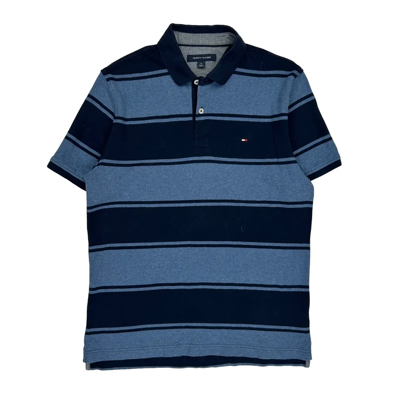 Tommy Hilfiger Striped Polo Shirt - Medium Blue Cotton