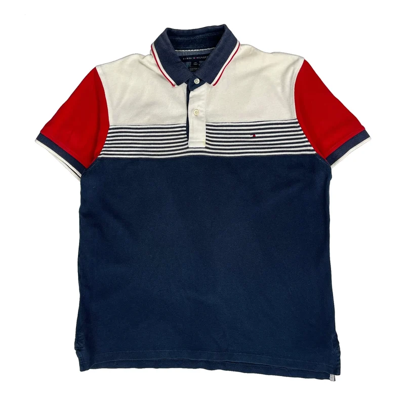 Tommy Hilfiger Striped Polo Shirt - Large Navy Cotton