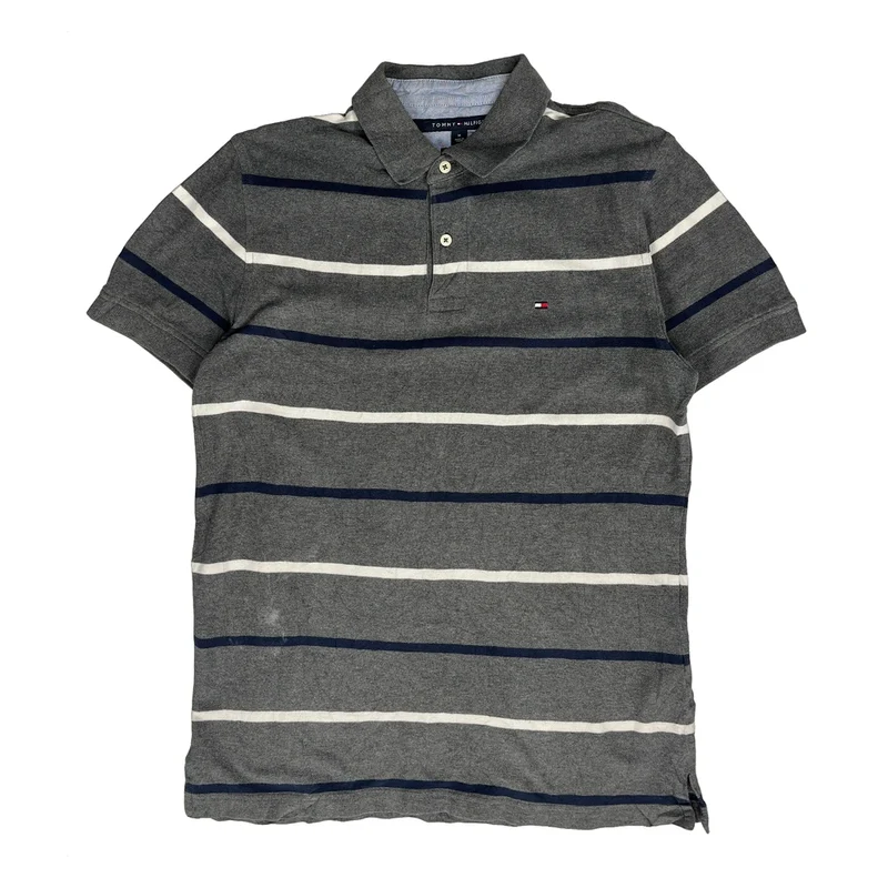Tommy Hilfiger Striped Polo Shirt - Medium Grey Cotton