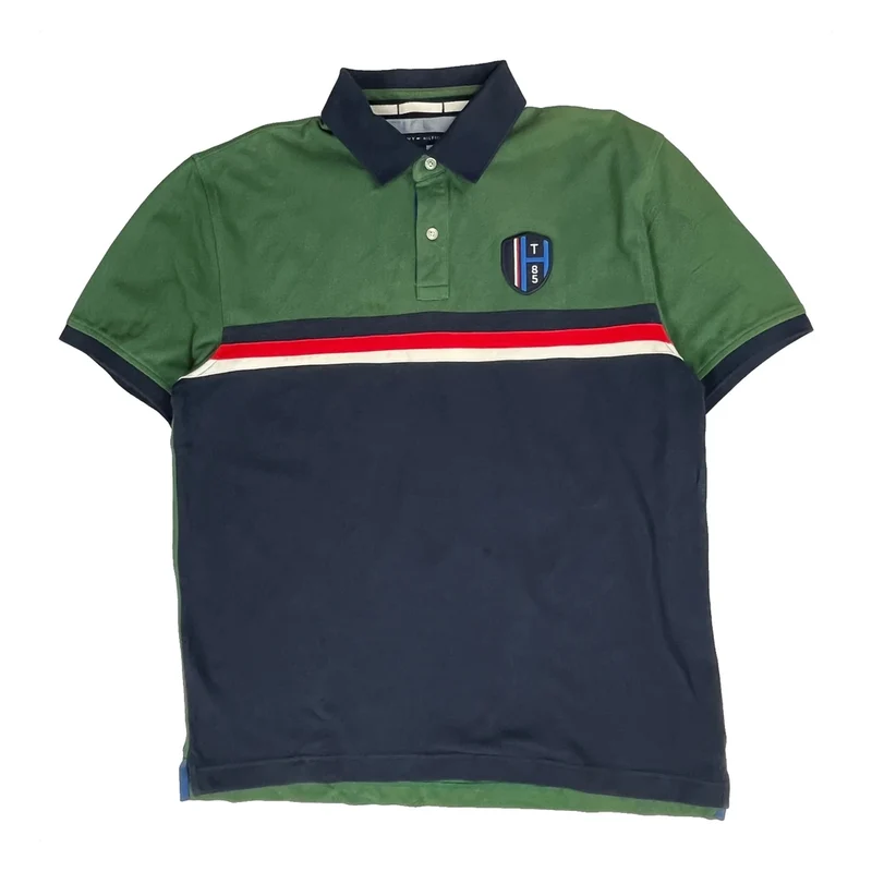 Tommy Hilfiger Striped Polo Shirt - Large Green Cotton