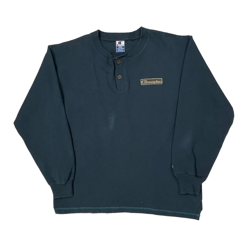 90S Made In USA Champion Henley Sweatshirt - Large Blue Cotton