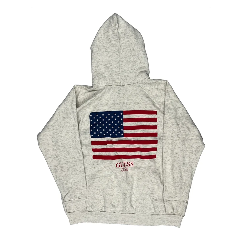 90S American Flag Guess Graphic Raglan Hoodie - XL Grey Cotton